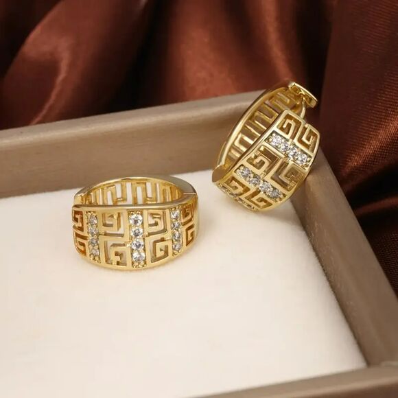 "Louise" 18k Gold Geometric Ethnic Style Huggie Hoop Earrings CZ Accent - Picture 2 of 3